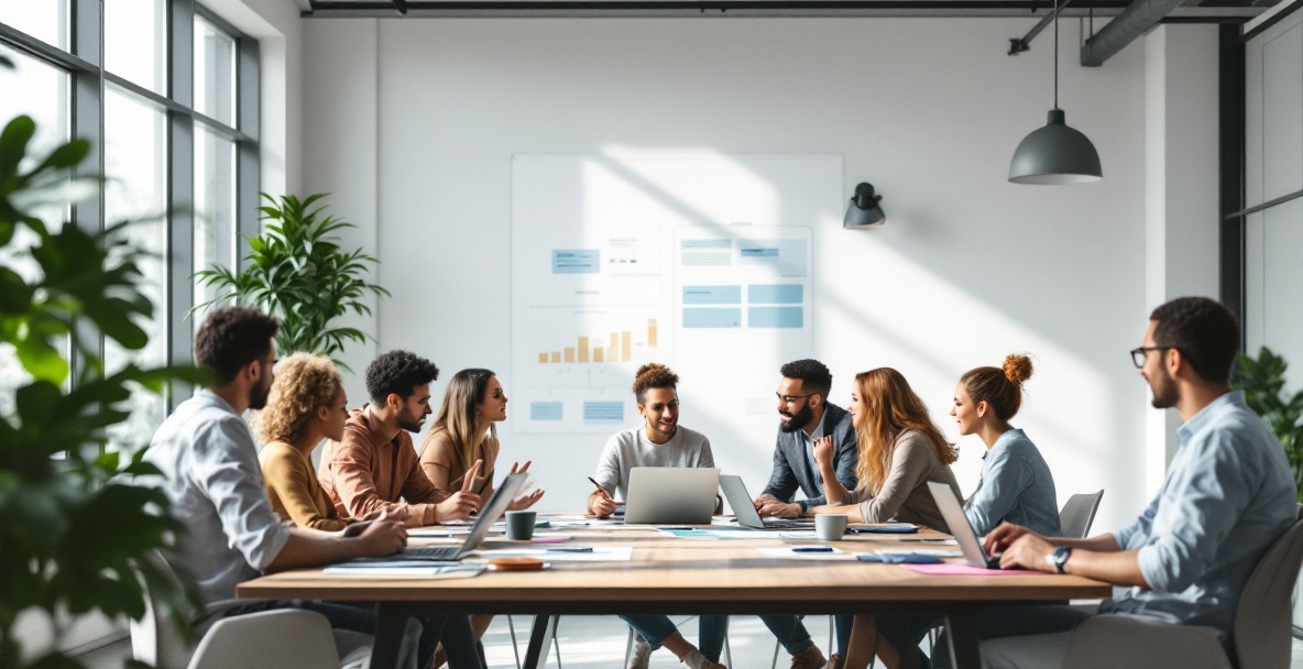 Diverse professionals collaborate in a modern office around a table with laptops and flowcharts.