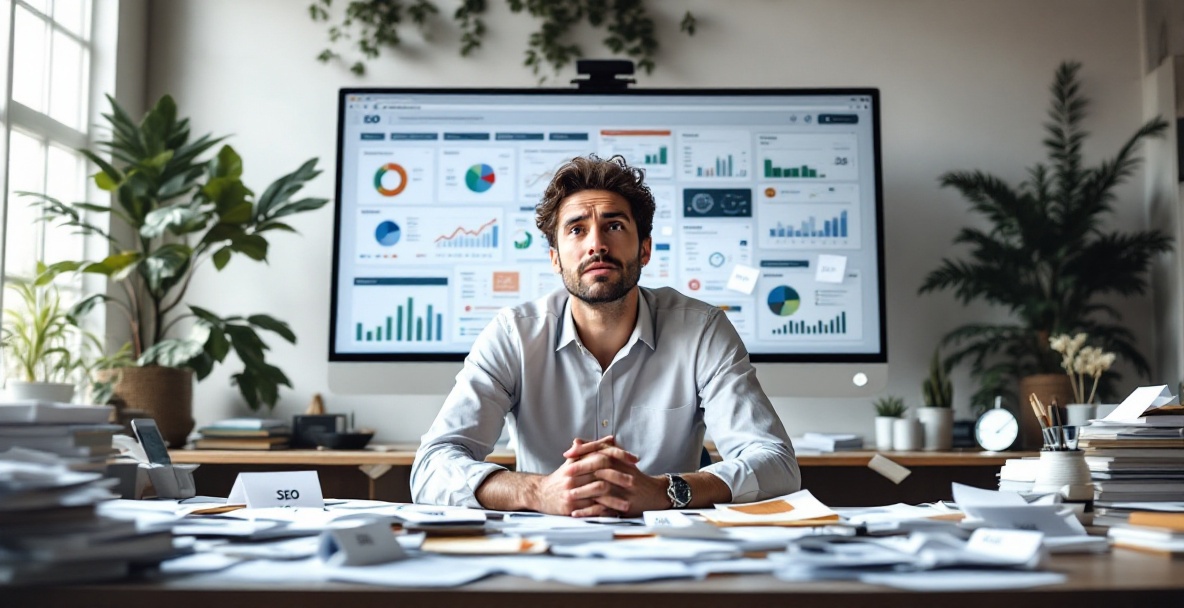 Business professional overwhelmed by poor data quality at a cluttered desk in modern office setting.