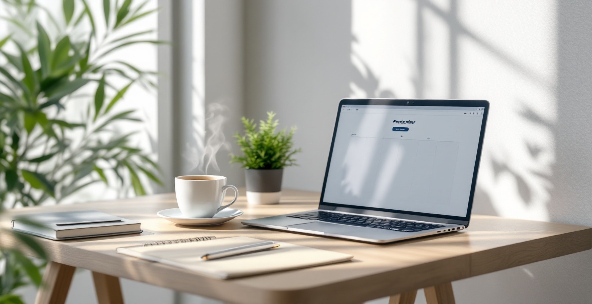 Modern workspace with a laptop showing a planner, plant, notebook, pen, and steaming coffee cup in natural light.