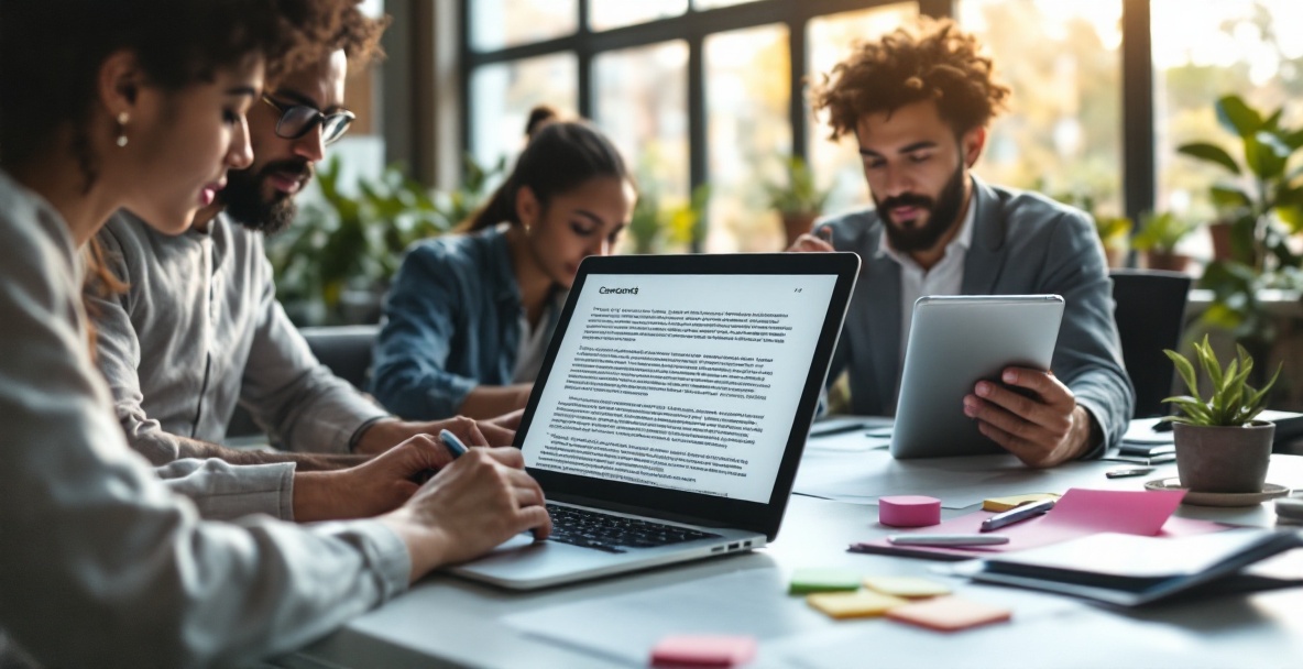 Diverse team collaborates at modern workspace with laptops and tablets, emphasizing content creation.