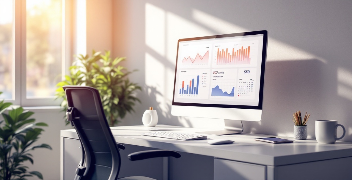 Modern workspace with technology tools for content productivity, featuring devices displaying analytics and content tools.