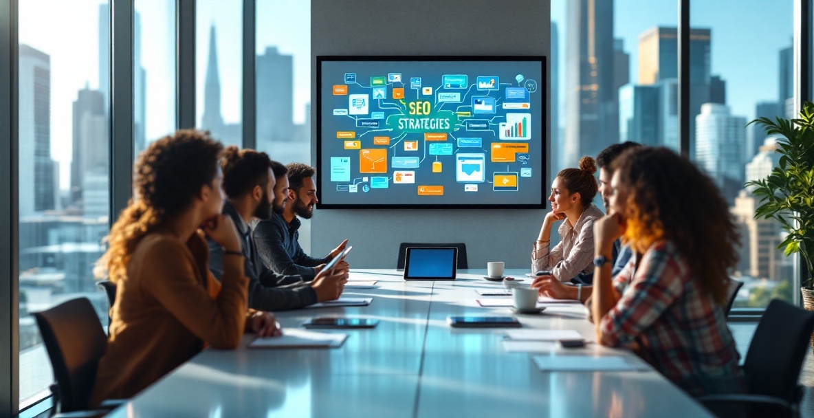Diverse professionals collaborating around a table with a digital tablet in a modern office.