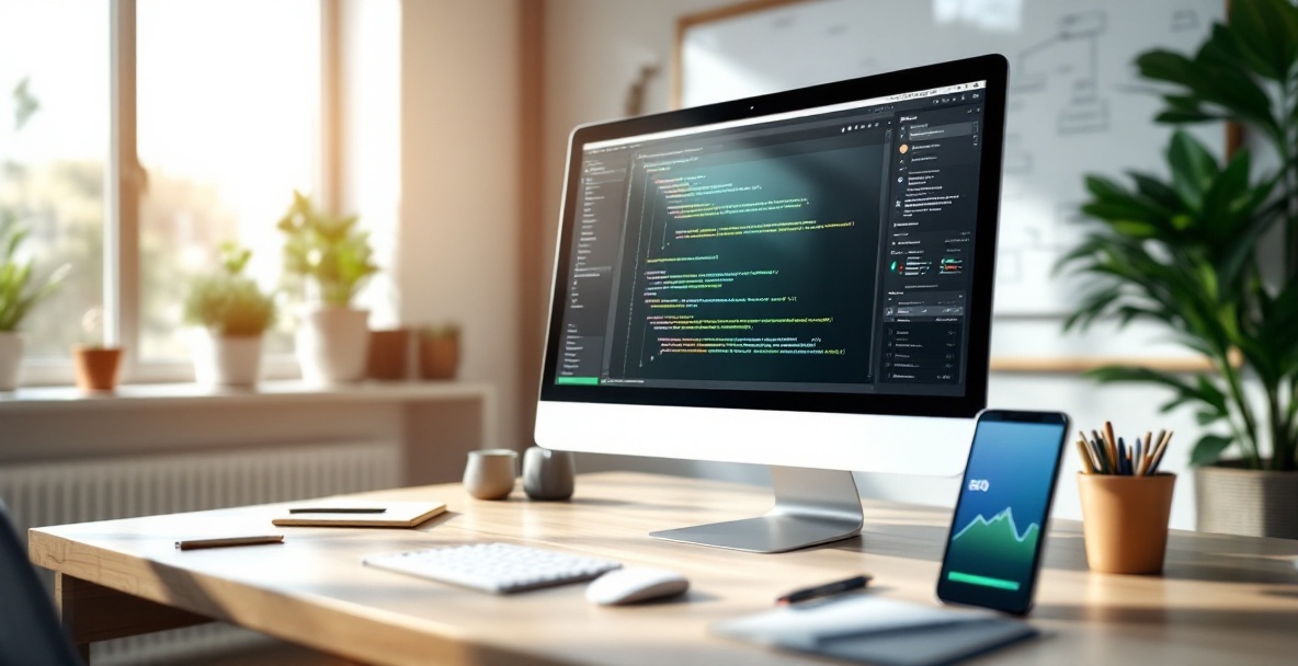 Modern workspace with computer showing code for automated content generation and phone displaying SEO analytics.