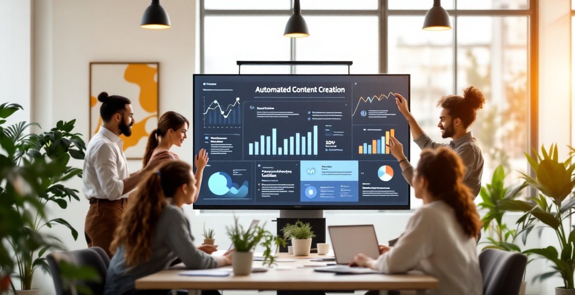 Diverse team collaborating around a digital screen with analytics in a modern office.