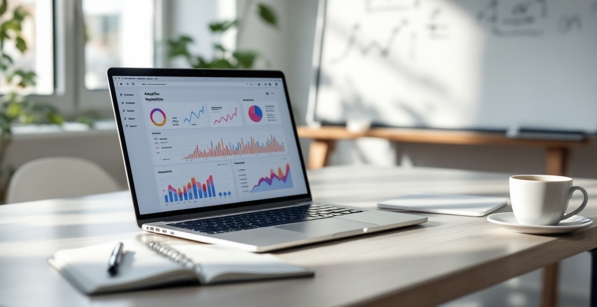 Laptop showing analytics dashboard on a desk with notes, coffee, and soft lighting.