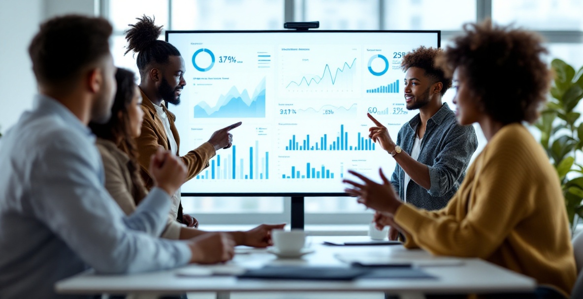 Diverse professionals discuss data analytics on a digital screen in a modern office.