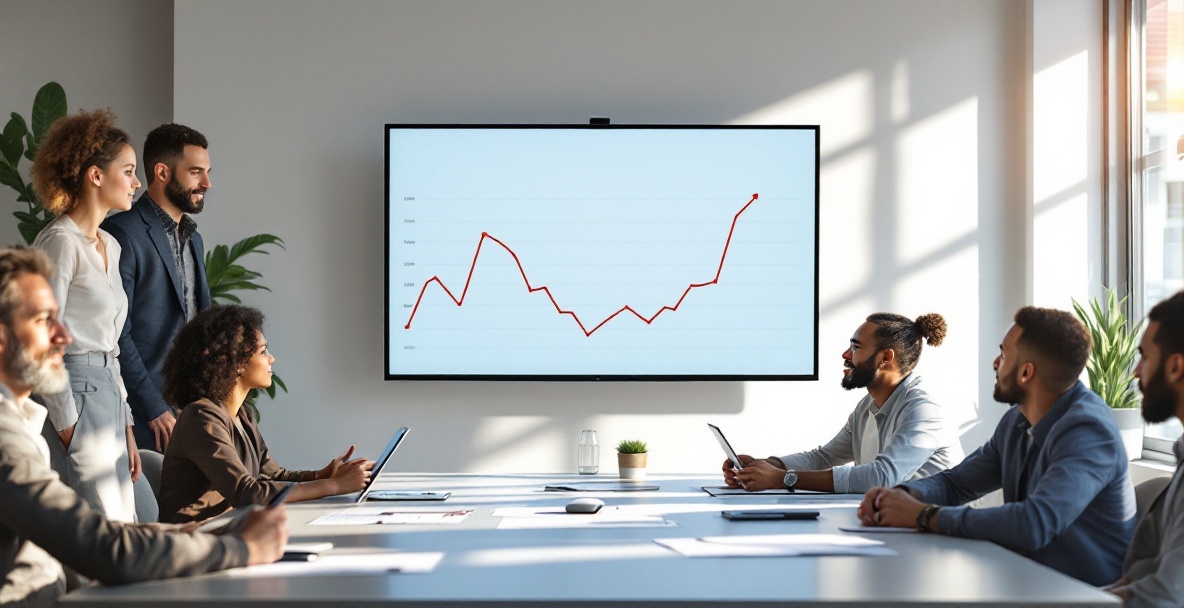 Business professionals discuss search strategies with data on a computer screen in a modern office.