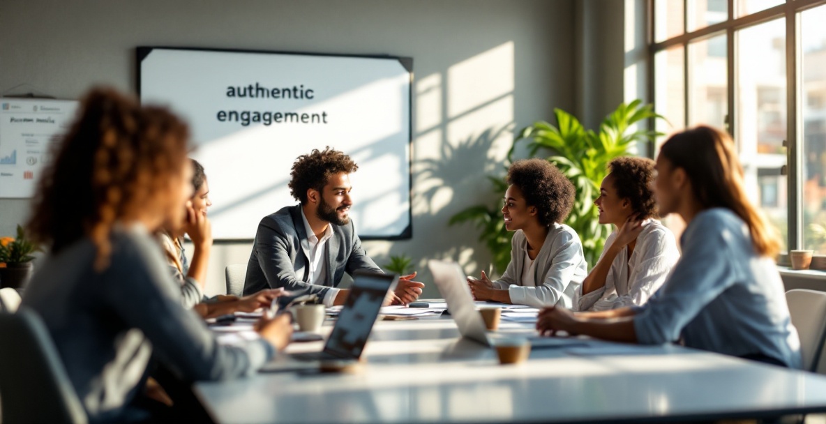 Professionals collaborate in a modern office with laptops showing analytics and social media dashboards.