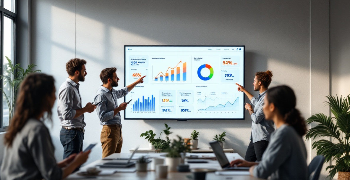 Diverse content creators discuss analytics on a digital screen in a modern office.