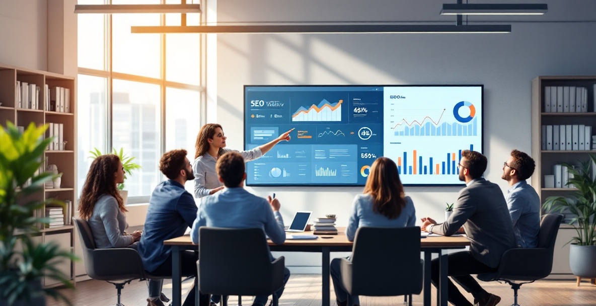 Diverse team in office discussing SEO with analytics on screen.