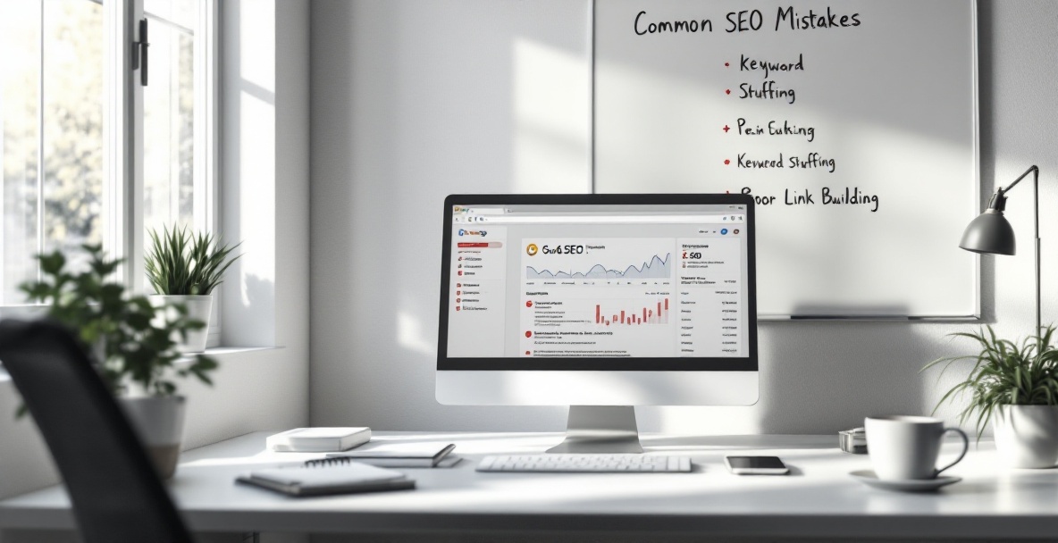 Business workspace with computer showing SEO error warnings and a whiteboard listing common SEO mistakes.