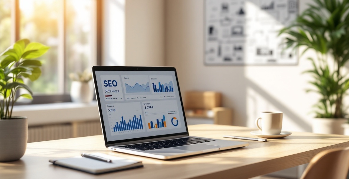 Modern workspace with a laptop showing an SEO dashboard, notebook, and an infographic on basic SEO concepts.