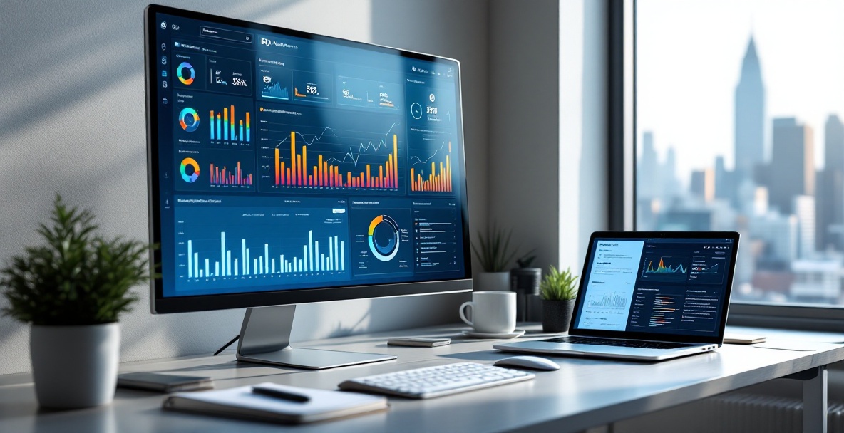 Modern workspace with SEO tools and analytics dashboard, showcasing a city skyline through the window.