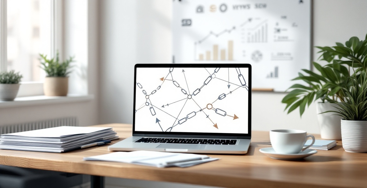 Workspace with laptop showing backlinks, documents, coffee, and graphs, symbolizing SEO trust building.