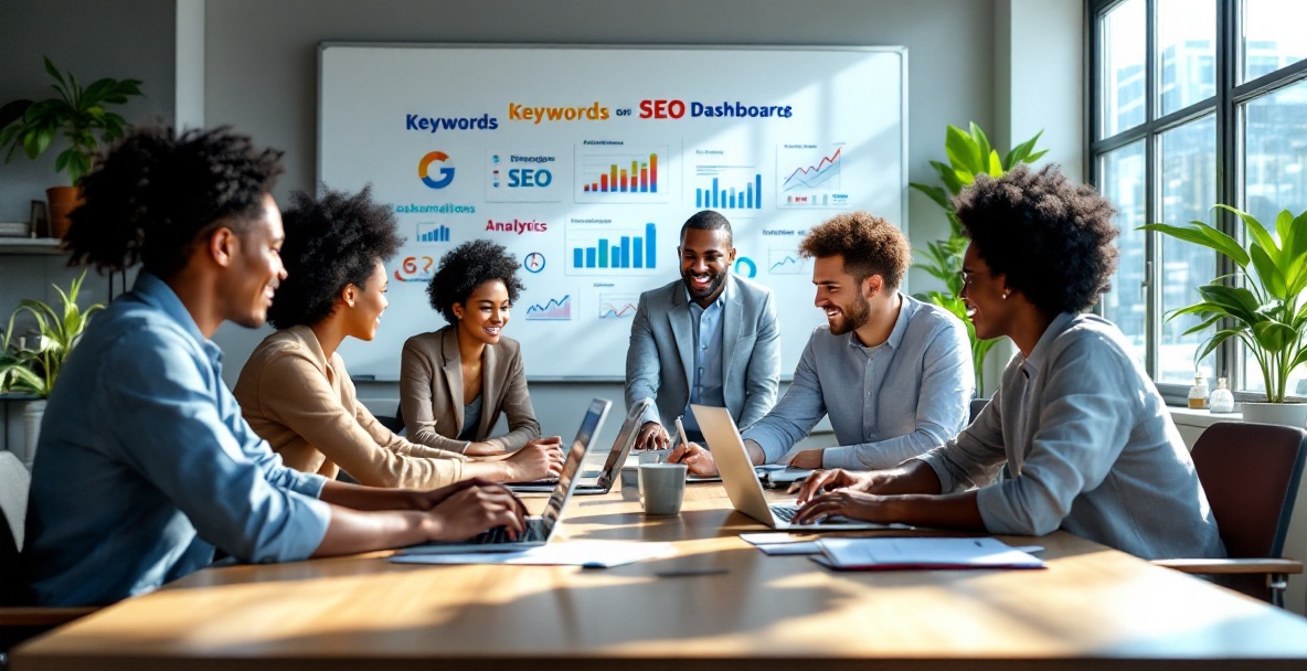 Diverse team collaborates in modern office with laptops displaying SEO dashboards.