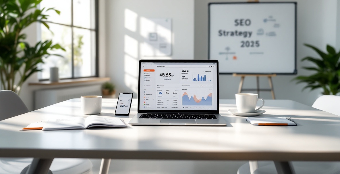 Modern office with SEO analytics on a laptop and whiteboard labeled 'SEO Strategy 2025'.