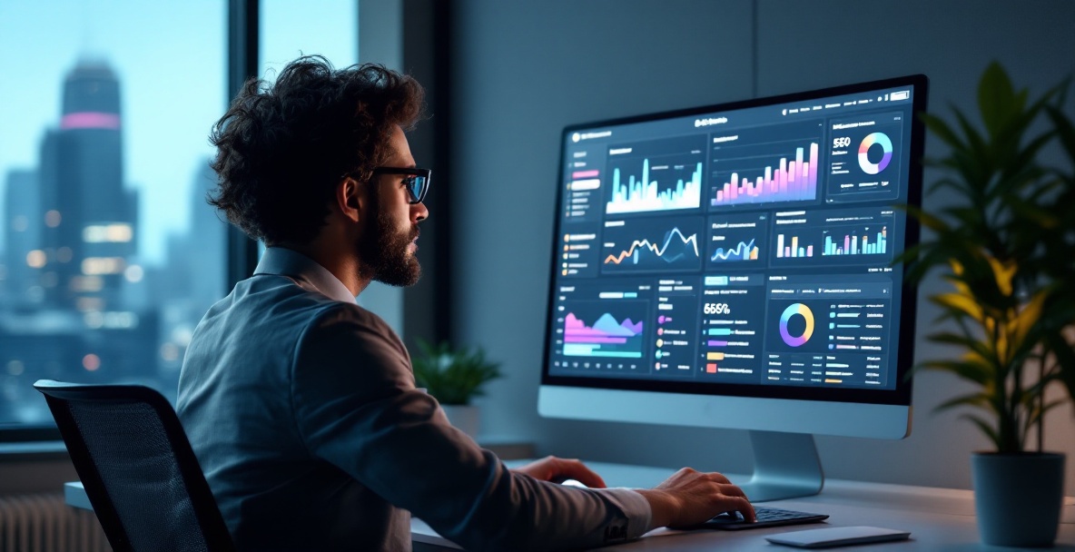 Business professional analyzing SEO dashboard in a modern office with a city view.