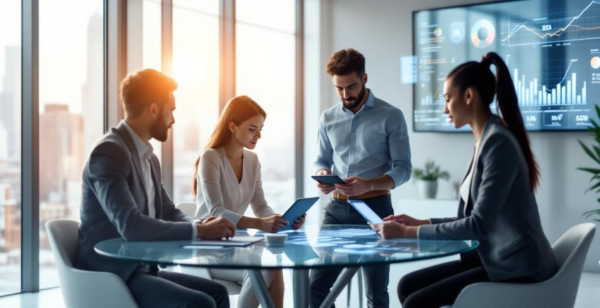Futuristic office with professionals discussing SEO strategies using digital displays and devices.