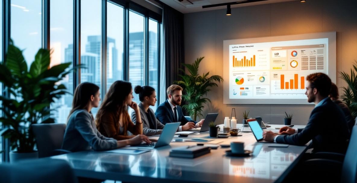 Diverse marketing team reviews link-building strategies at a sleek modern conference table.