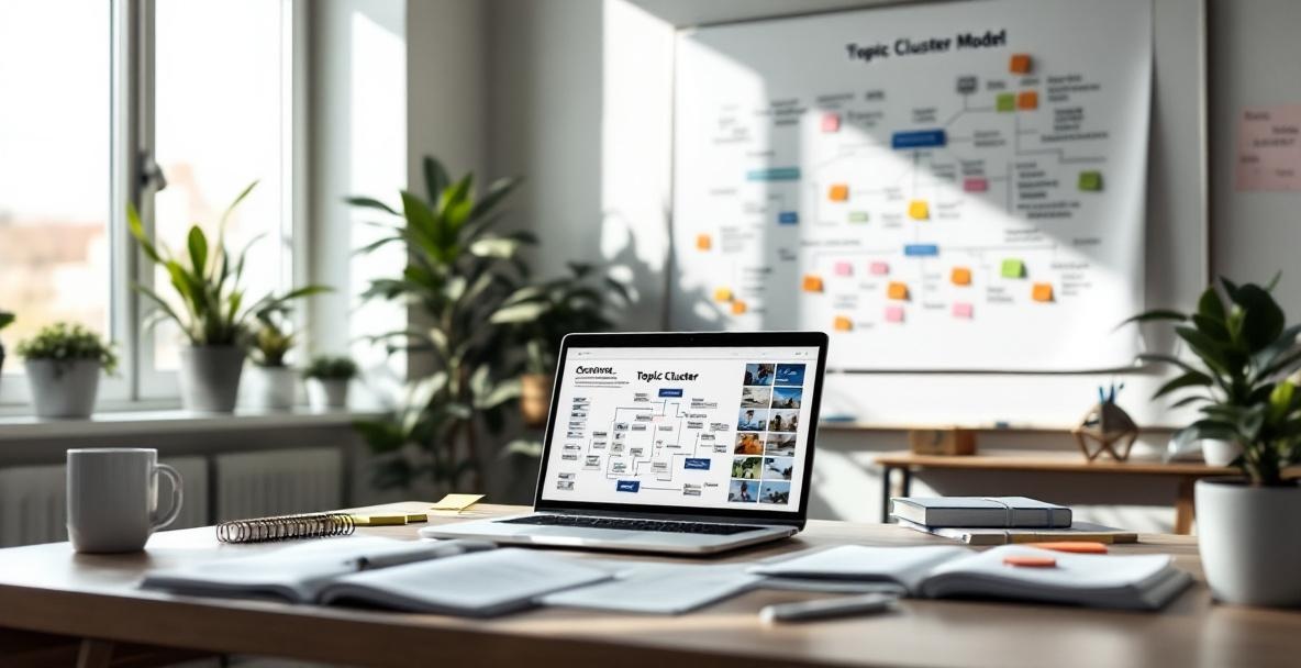 Office workspace with a laptop showing a digital mind map and a whiteboard with a flowchart.