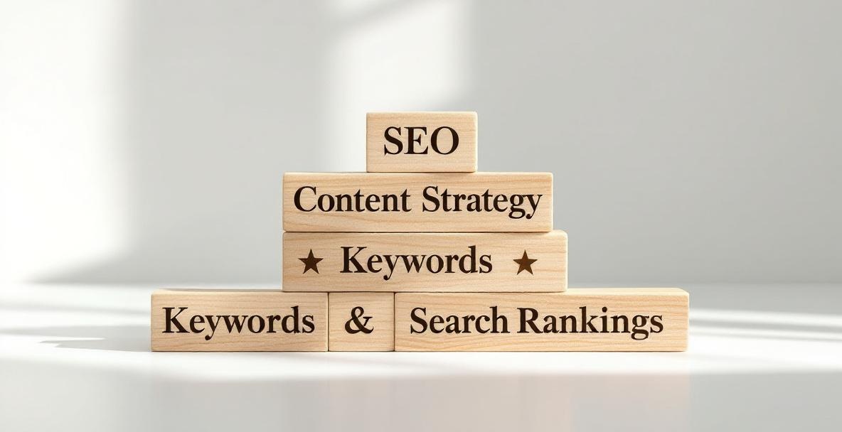 Wooden blocks labeled with SEO terms illustrating a topic cluster model on a white background.