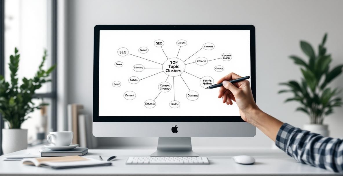 A modern workspace with a computer screen showing topic clusters and a hand using a stylus.