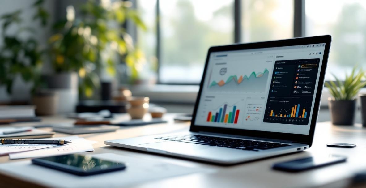 Modern workspace with high-tech tools for content creators, including laptop, tablet, and smartphone.