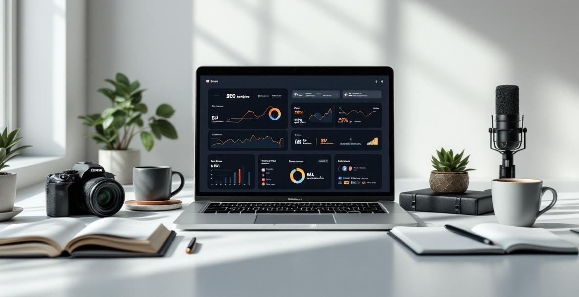 Modern workspace with laptop showing SEO and social media metrics, surrounded by content creation tools.