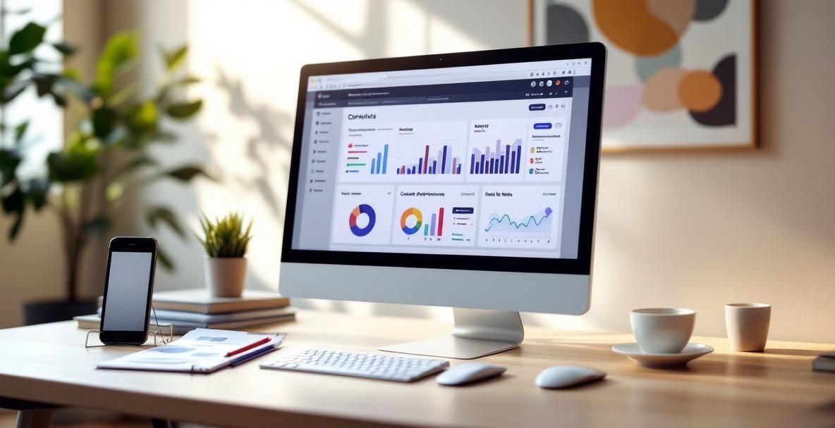 A modern workspace with a computer displaying content performance metrics dashboard.
