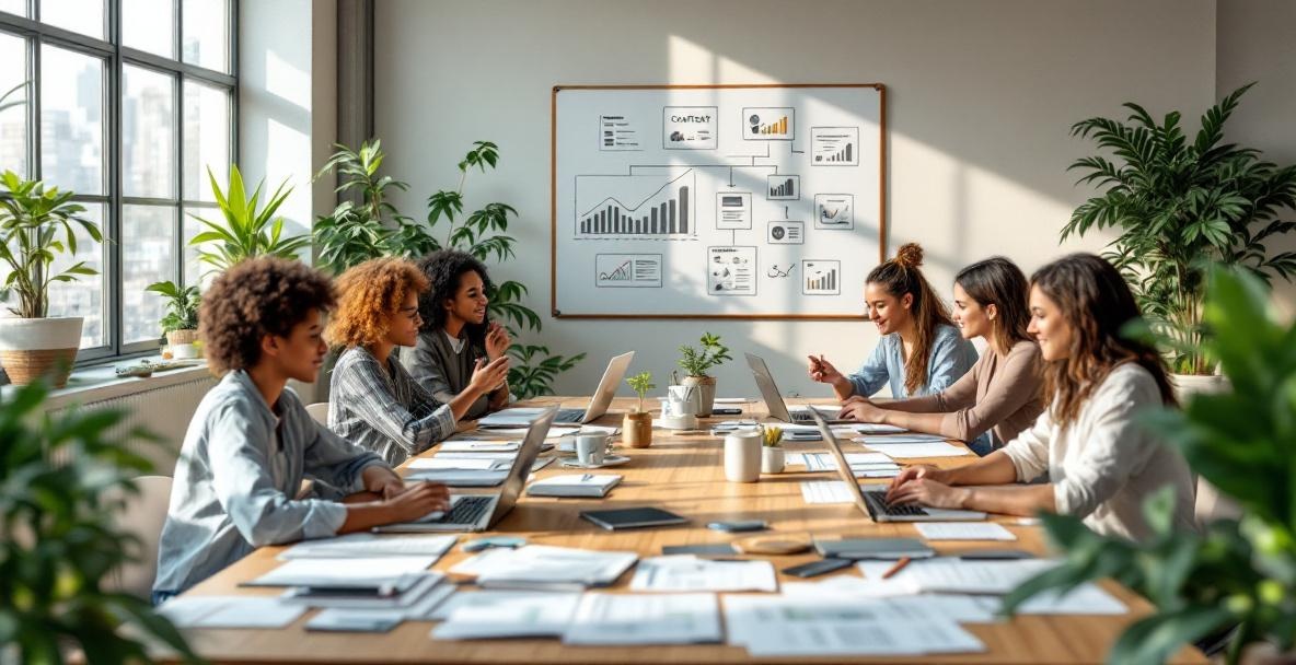 Diverse group at a wooden table collaborating on a content strategy in a bright, modern office.