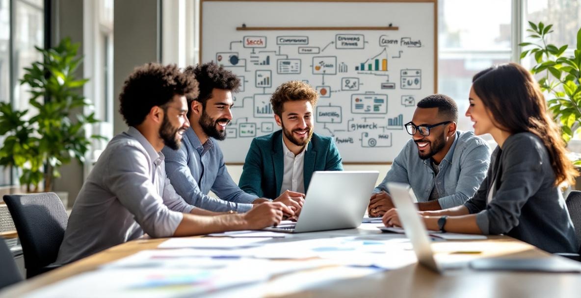 Diverse professionals collaborating in an office on content optimization strategies.