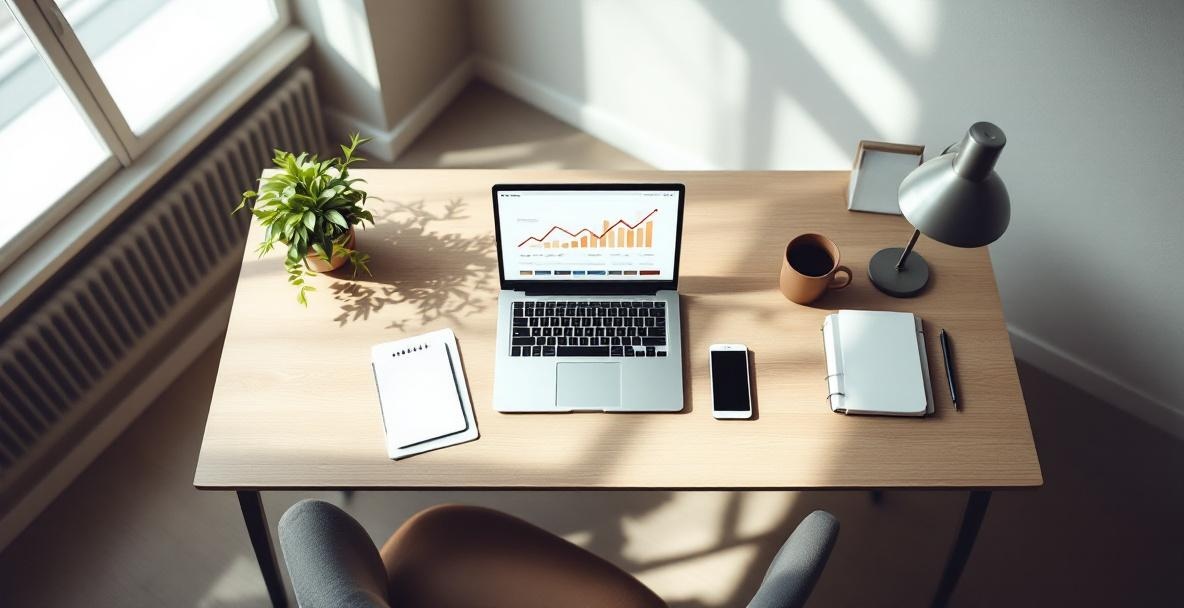 Minimalist office with desk, laptop displaying analytics dashboard, notepad, pen, smartphone, and plant.