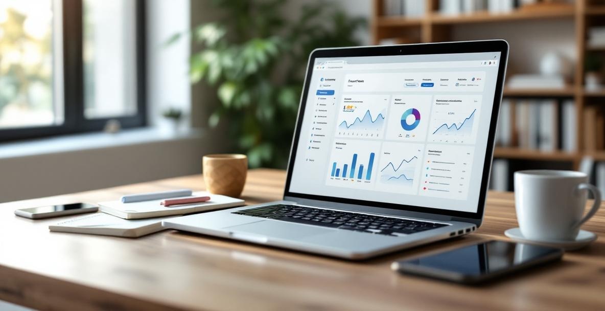 Minimalist workspace with a laptop displaying a content management dashboard.