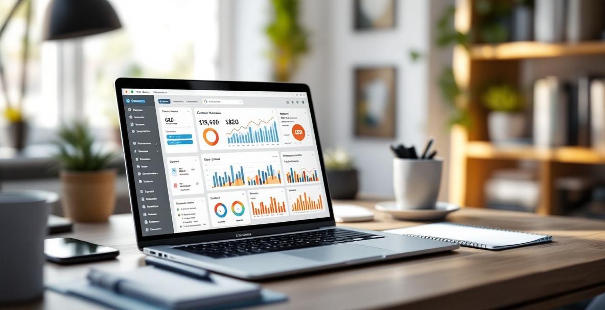 Modern workspace with a laptop showing SEO tools and graphs, surrounded by productivity items.