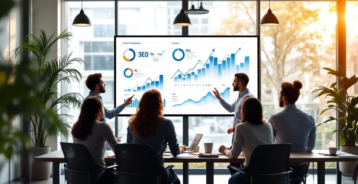 Diverse professionals discuss analytics on a large digital screen in a modern office.