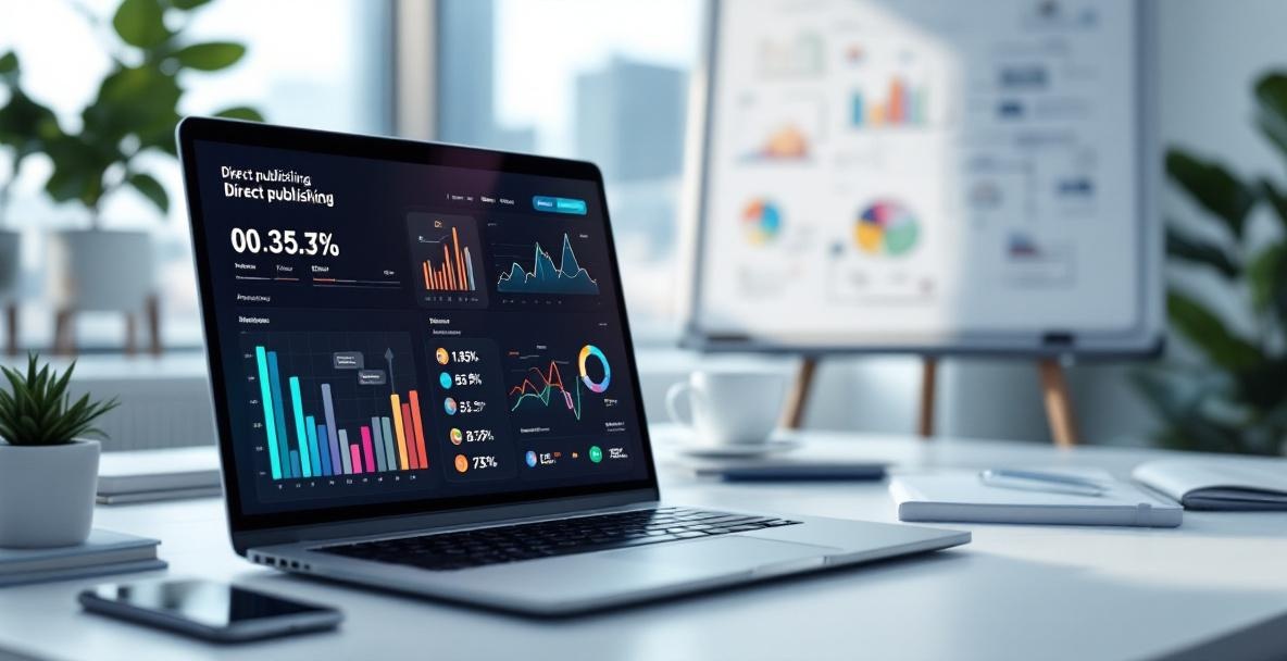 Modern workspace with a laptop, analytics dashboard, and planning whiteboard.