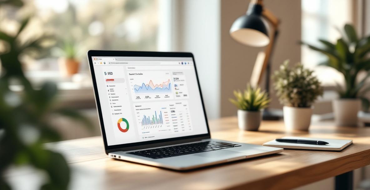 Modern workspace with a laptop displaying Google Search Console on a wooden desk.