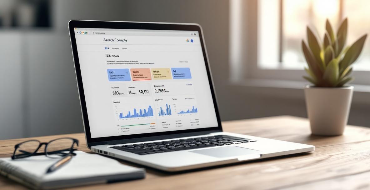 Open laptop showing Google Search Console on a desk with a notepad and glasses, focusing on SEO insights.