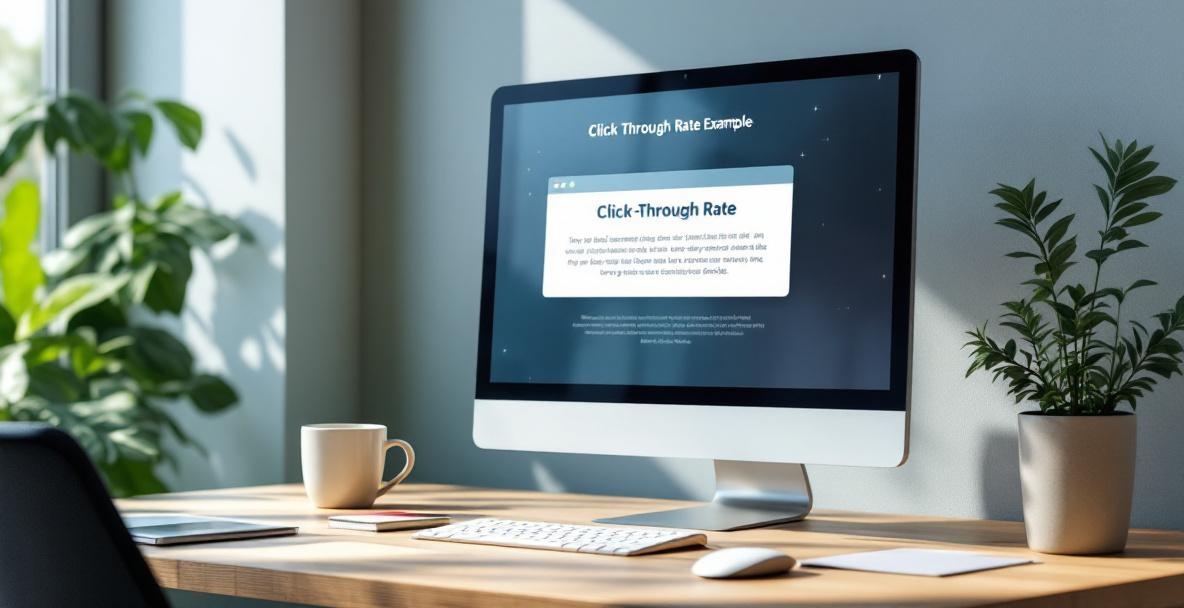 Modern office with a monitor displaying a captivating headline on a webpage.