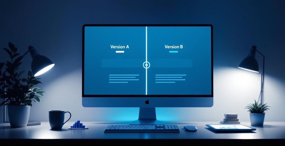 Split screen of A/B testing with two webpage versions on a monitor in a modern workspace.