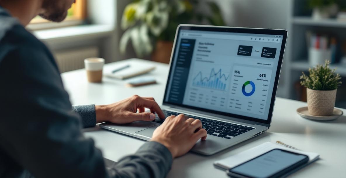 Person focused on keyword research at a modern desk with a laptop showing search analytics.