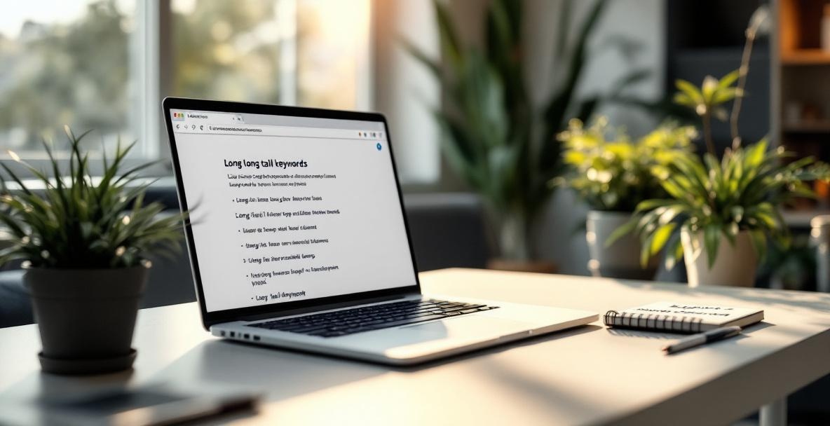 Laptop on a minimalist desk showing long-tail keywords, with notepad and sunny window.
