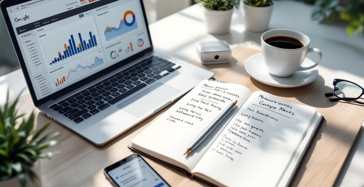 Workspace with analytics on laptop, notebook with keywords, coffee cup, smartphone, and plant.