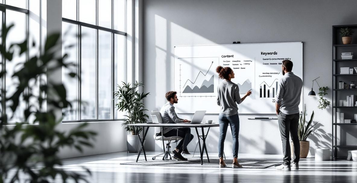 Two content creators collaborate in a modern office with a focus on strategy and teamwork.
