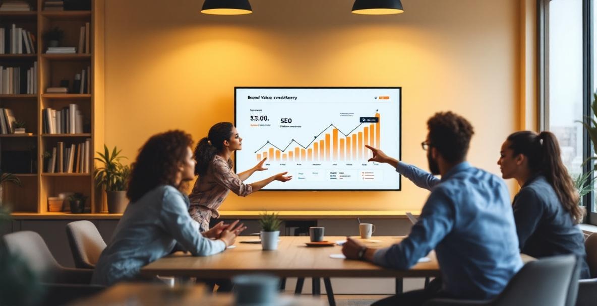 Diverse team of marketers examines a digital dashboard with analytics in a modern office.