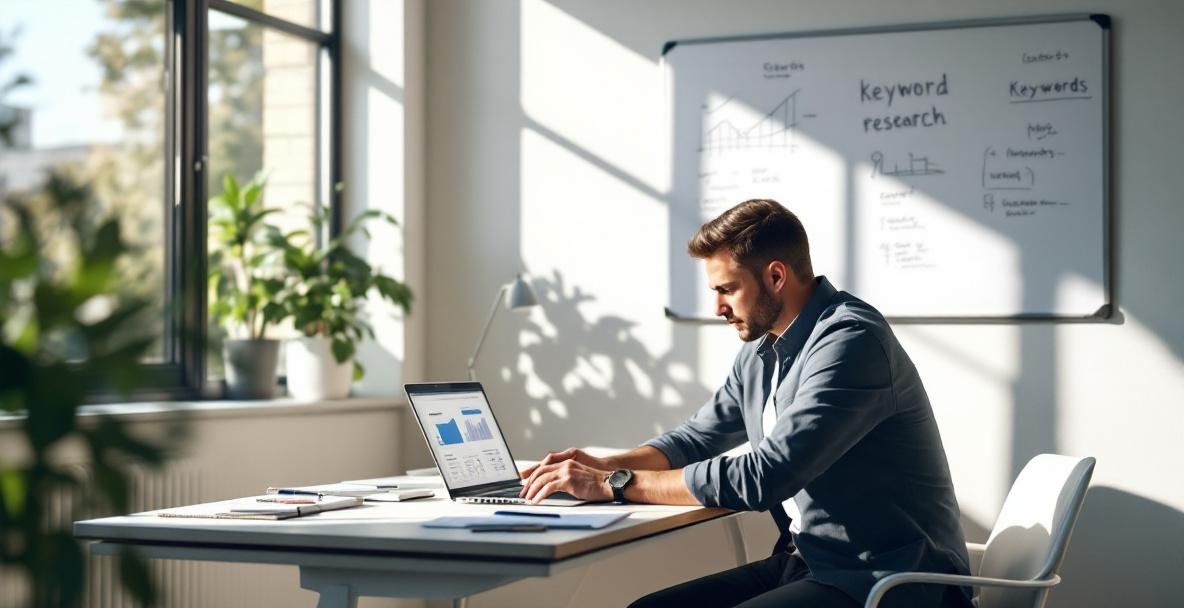 Modern workspace with person focused on keyword research using a laptop and scattered notebooks.