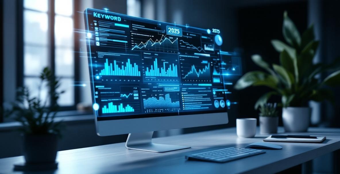 Modern workspace with monitor showing advanced keyword analytics for 2025.