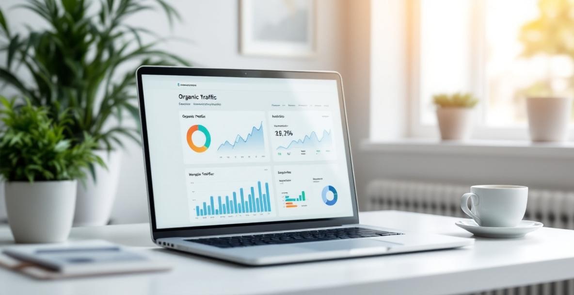 Laptop on a desk showing analytics dashboard, indicating website traffic trends in a modern office setting.