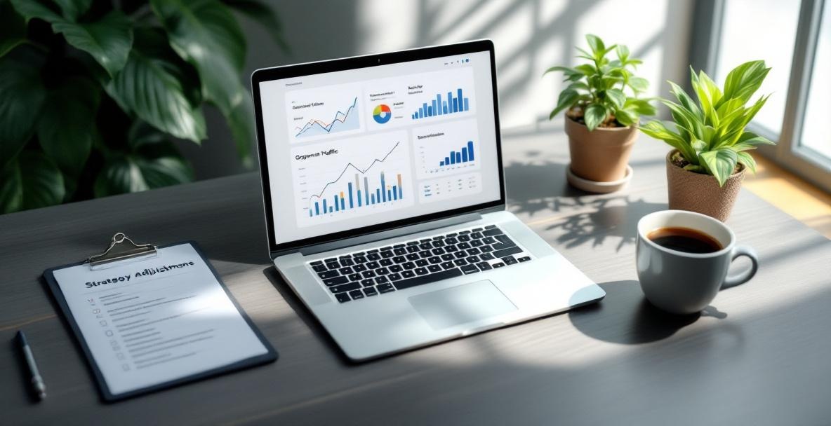 Modern workspace with laptop showing digital analytics and clipboard with strategy notes.