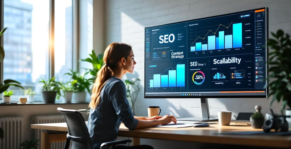 Woman at desk analyzing charts on a computer in a modern office with SEO elements and city view.